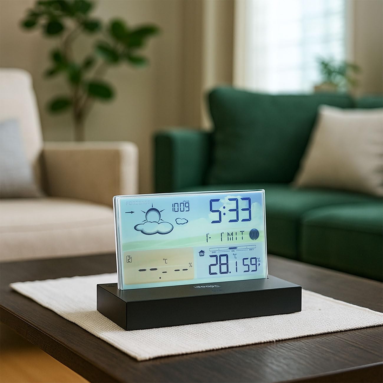 ideoon Moderne Funk-Wetterstation farbig: Rahmenloses LCD-Display für präzise Wetterprognose & Hygrometer – Mit Aussensensor