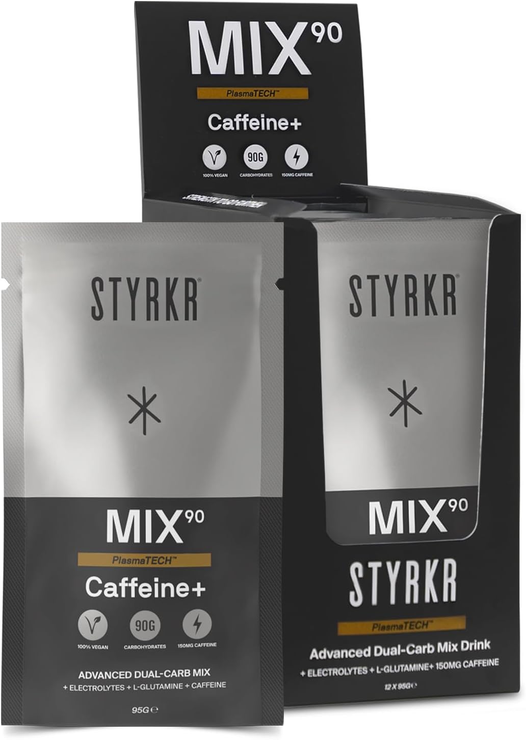 Styrkr MIX90 Caffeine+ Energy Powder with Caffeine by Styrkr - 90g of Carbs - Pack of 12 Drink Mix Sachets for Cycling & Running - Approved by Endurance Atheletes - 12x Pack