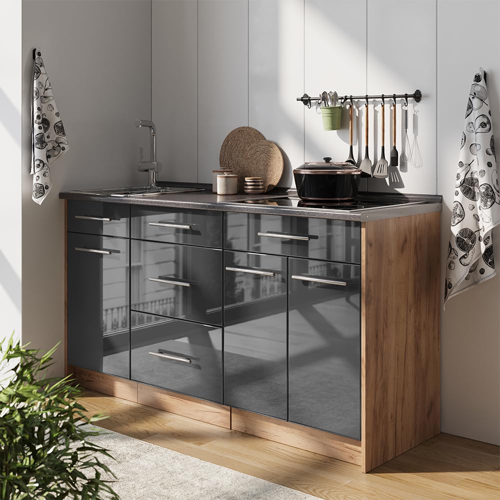 Vicco Küchenblock Fame-Line, Anthrazit Hochglanz, 150 cm | ohne Arbeitsplatte, zur individuellen Erweiterung mit kompatiblen Modulen