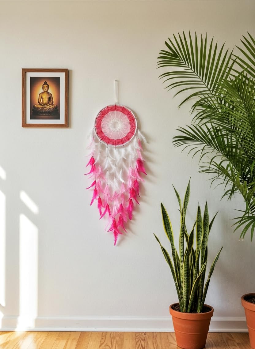 Crimson Whisper Dream Catcher, A Beautiful Blend of Pink and White Feathers Designed to Bring Peace, Positivity, and Bohemian Elegance to Any Space. Pure Handmade Dream Catcher – (8 Inch Diameter)-image-39
