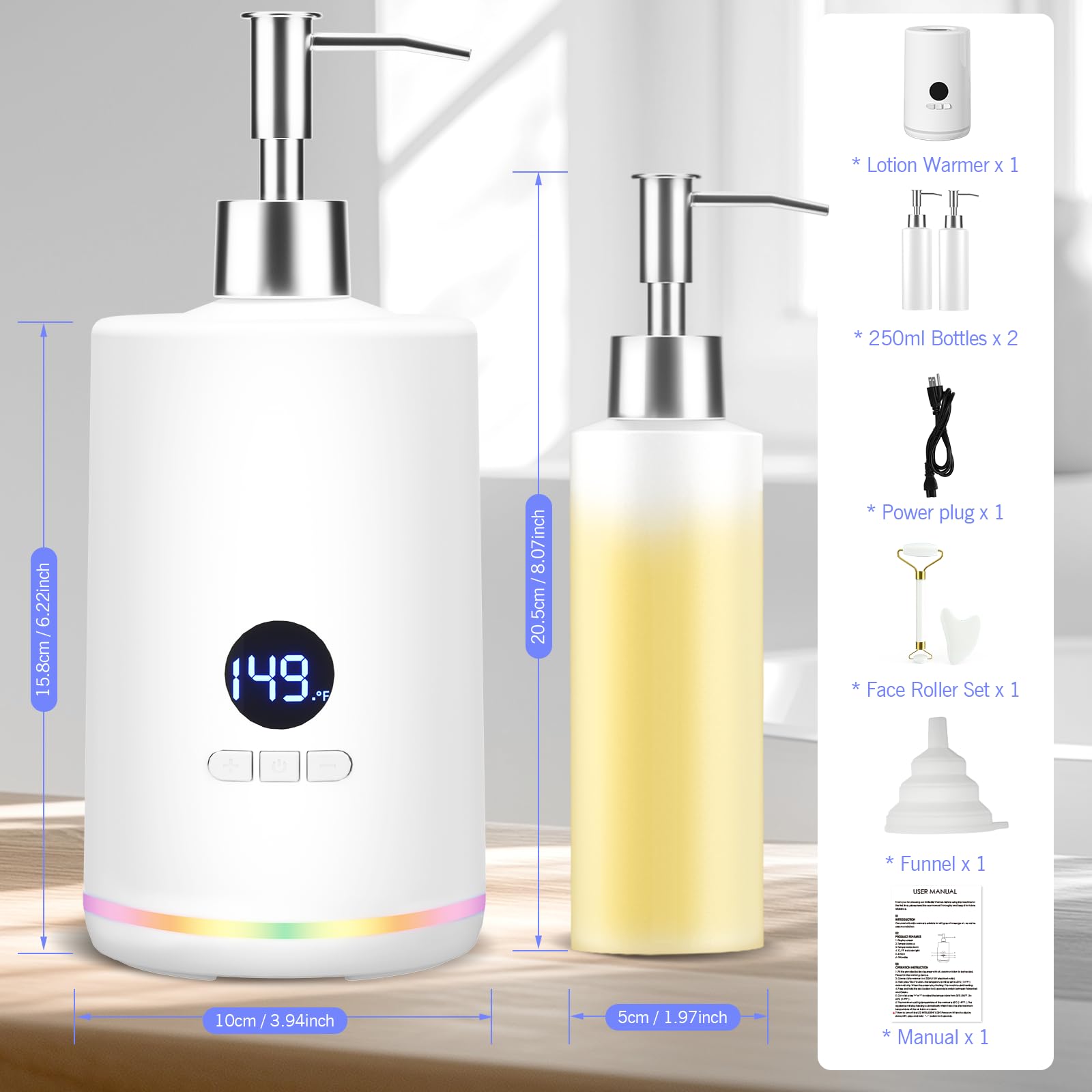 Yofuly - Scaldaolio per massaggi, dispositivo riscaldato per lozione per il corpo con set di rulli Gua Sha, riscaldatore elettrico per olio e gel con illuminazione ambientale, bianco