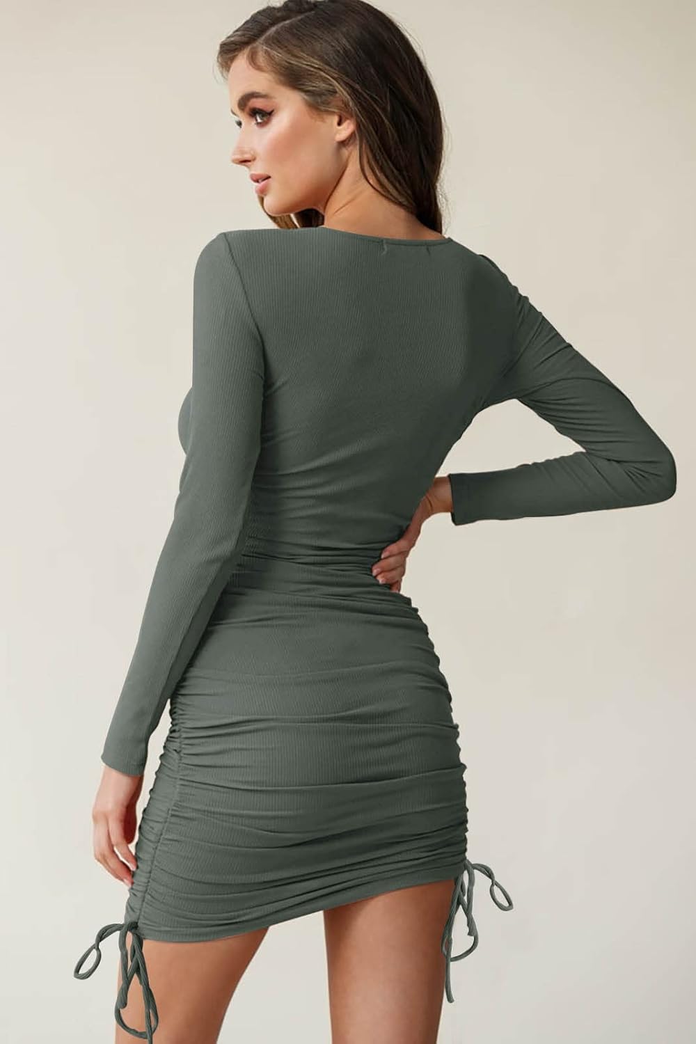 Imysty Womens Bodycon Ruched Mini Dress Long Sleeve Drawstring Stretchy Casual Ribbed Party Club Dresses - Image 4