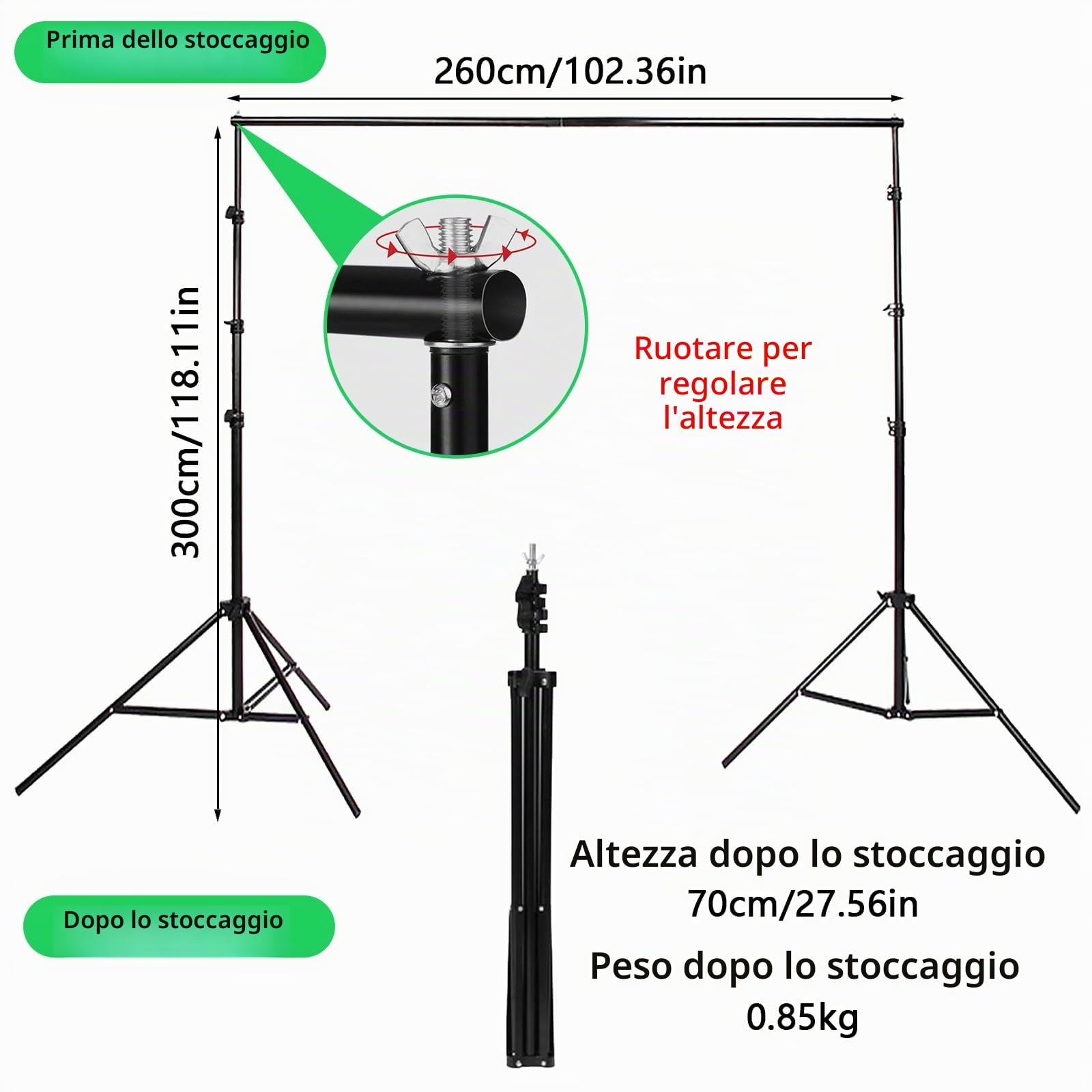 Green Screen con Supporto, Portatile Green Screen 3 x 3 m con Supporto per Sfondo Regolabile da 2,6 x 3 m e 4 Morsetti per Sfondo per Scattare Foto Streaming di Video di Gioco