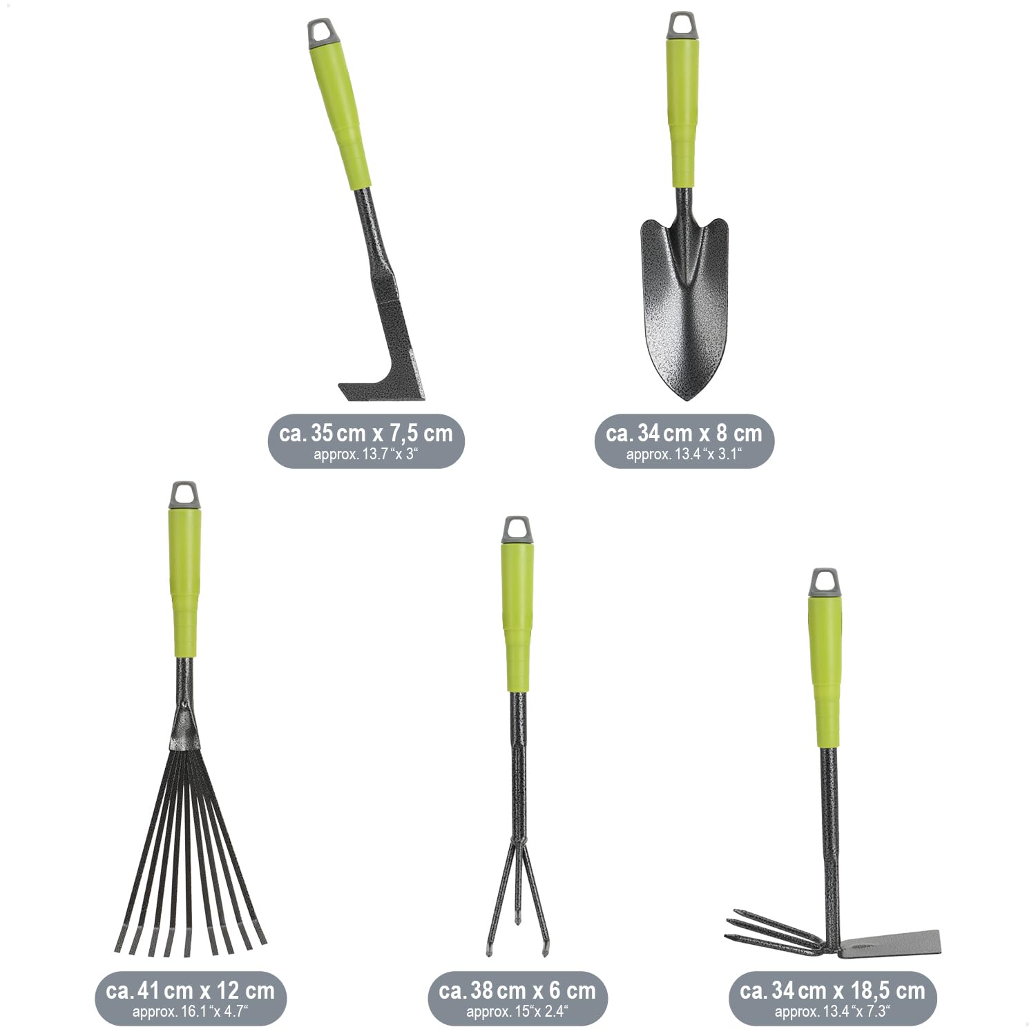 COM-FOUR® Juego de Herramientas de jardín de 5 Piezas - Juego de jardín con Azada Doble, cultivador pequeño, raspador para Juntas, rastrillo de Mano, Paleta de Flores