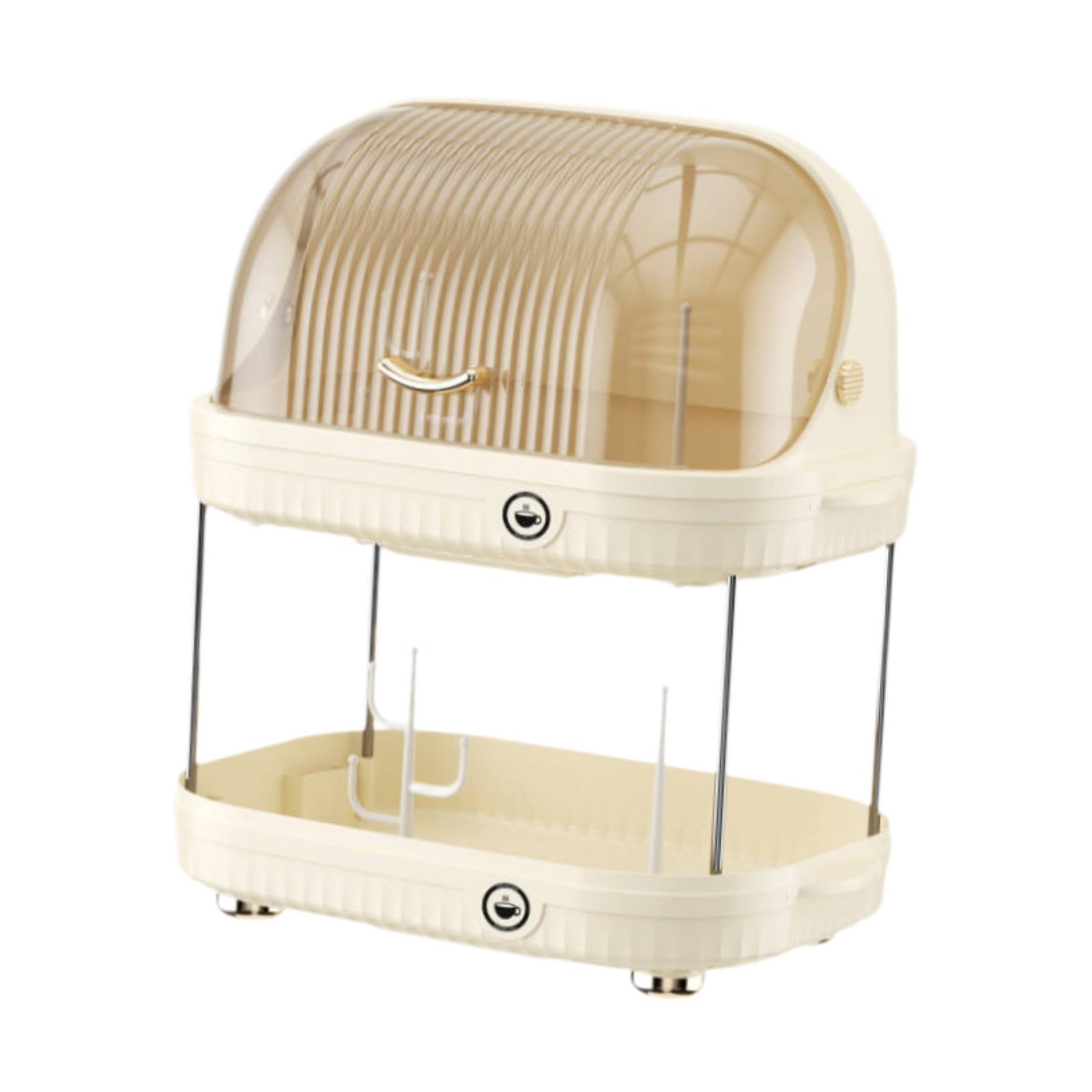 Escurridor de Platos, Bandeja para Cubiertos, Soporte Multifuncional de Dos Niveles para Botellas con Tapa para Vasos, Beige, Individual