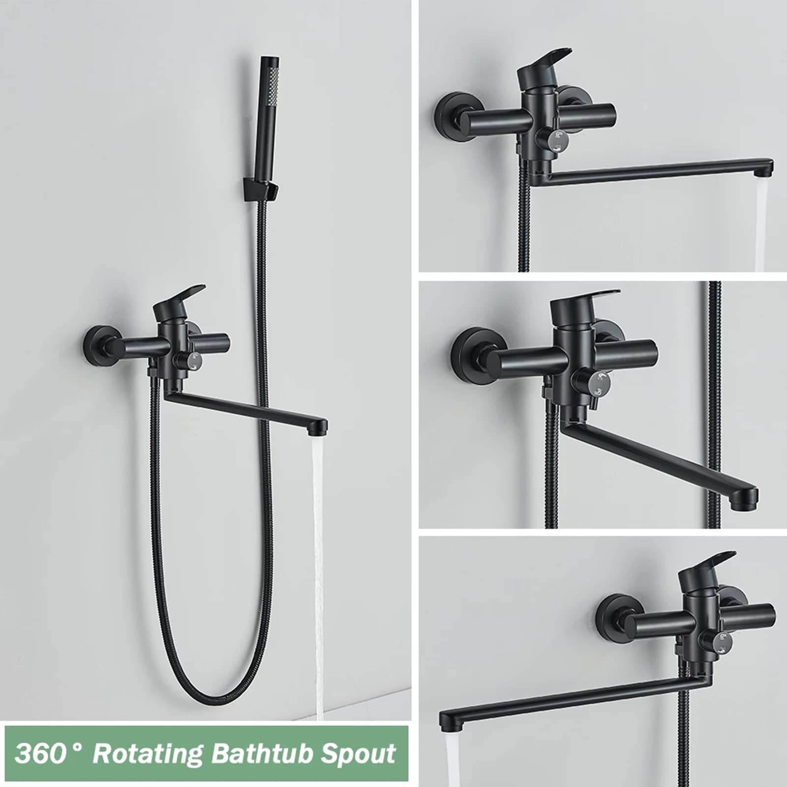 Grifo de bañera de Pared con caño Giratorio Alargado de 35 cm y Ducha de Mano, Grifo de Ducha de bañera de latón Negro Mate, Grifo Mezclador de Agua fría y Caliente para el hogar.