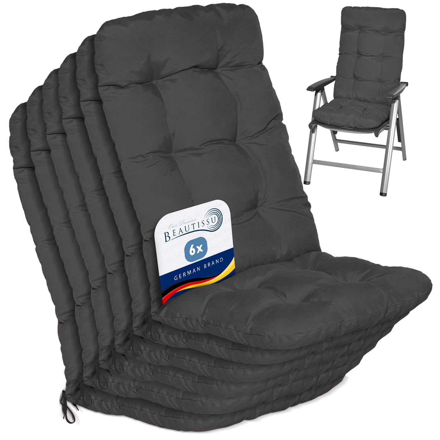 Beautissu Coussin Exterieur Jardin Flair HL – Set de 6 Coussins Chaise Jardin pour Chaise, Fauteuil ou transat de Jardin, terrasse ou Balcon - 120x50x8cm - Dossier Haut - Anthracite