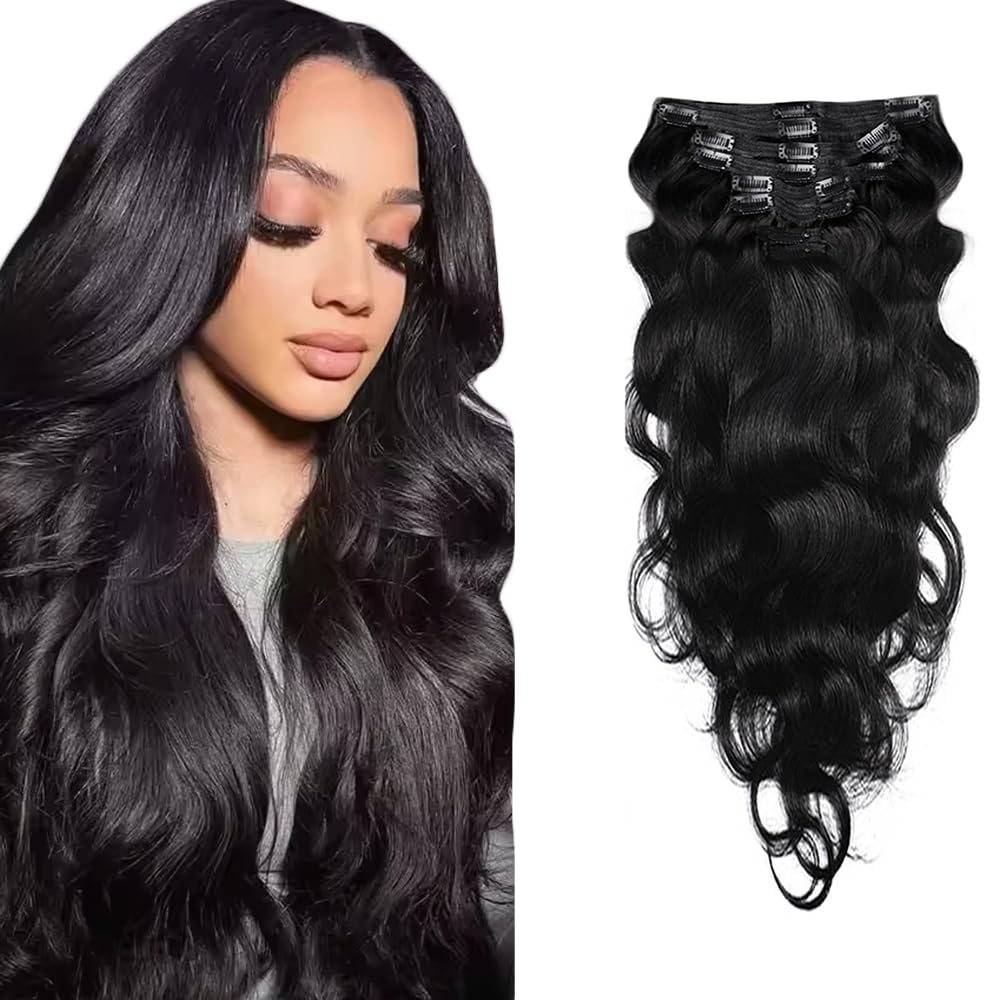 Photo 1 of #1B Natural Black Clip in Human Hair Extensions 20 Inch Color #1B Long Wave Clip in Seamless Extensions Human Hair Skin Weft Seamless Invisible Unprocessed Brazilian Virgin Remy Hair 120g
