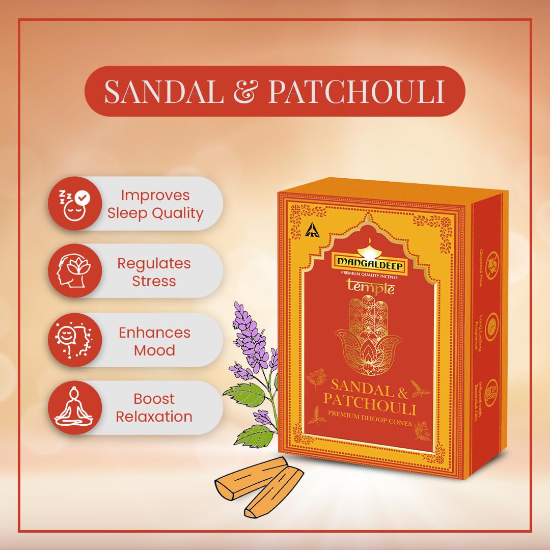 Mangaldeep Temple Premium Bambooless Dhoop Cones - Sandal & Patchouli - Ceramic Stand Inside - Charcoal Free (40 Cones) - Image 6 thumbnail