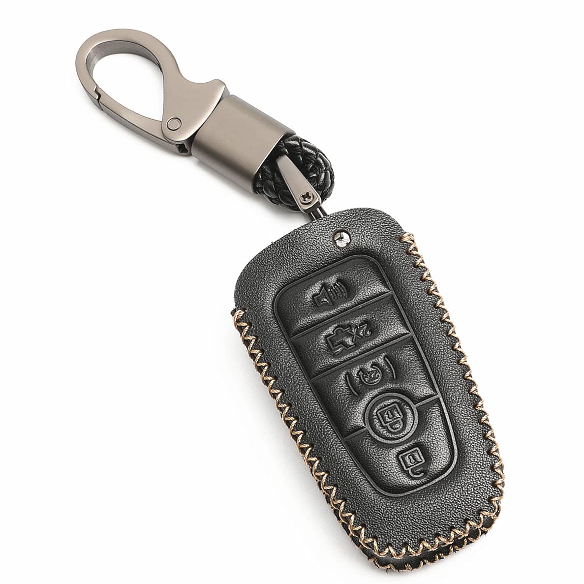 WFMJ Black Leather for Ford Fusion Explorer Expedition Edge F250 F350 F450 F550 5 Buttons Smart Remote Key Fob Case Holder Cover Chain