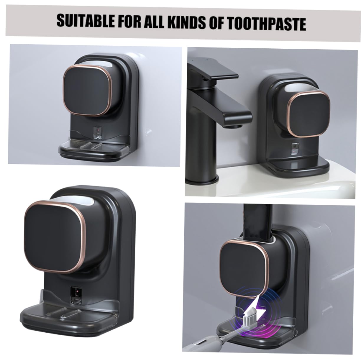 Dispenser Elettrico per Dentifricio Sensore Nero in Plastico | Montaggio senza Fori, Adatto per Crema Mani e Detergente Viso, Cavo USB Incluso