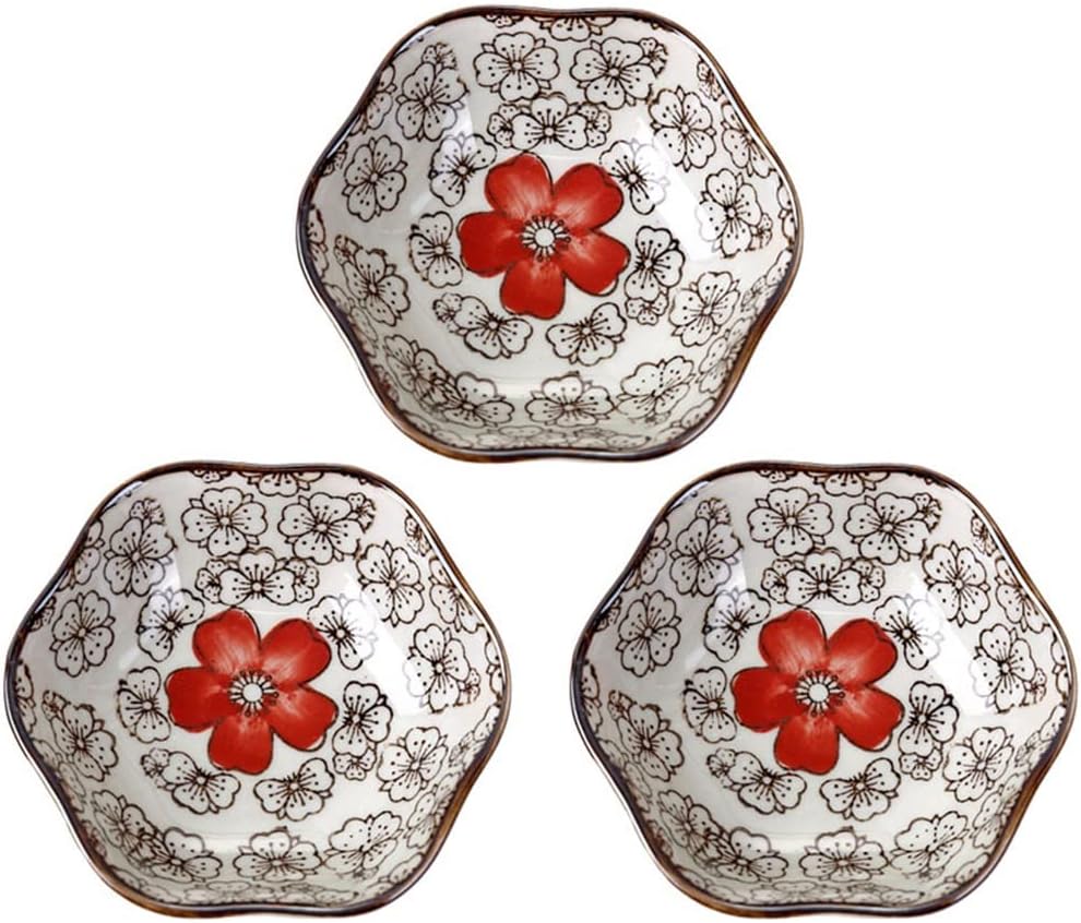 Red Flower Japanese-style Ceramic Small Dish Dipping Bowl Soy Sauce Vinegar Seasoning Set
