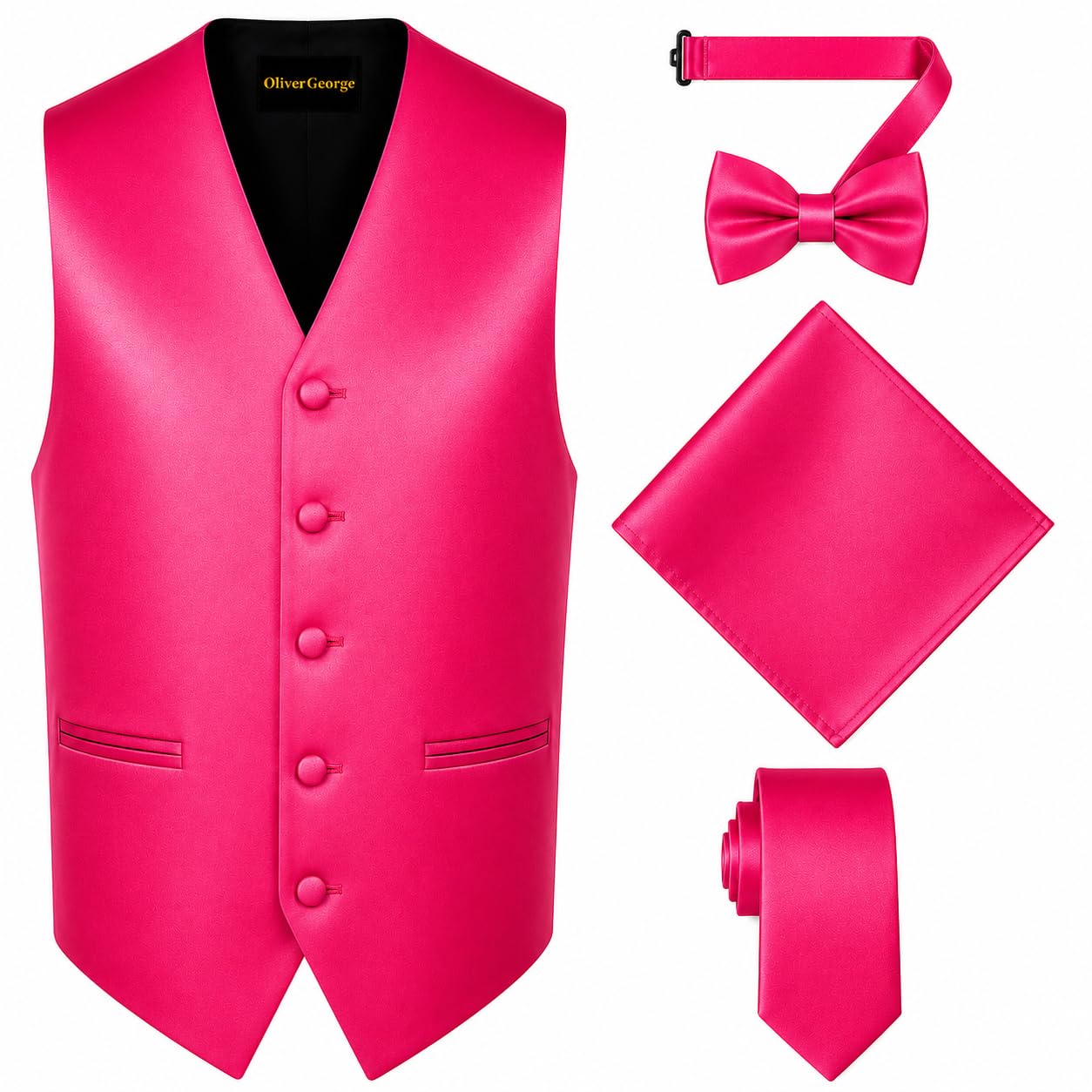 Oliver George 4pc Men's Solid Formal Suit Waistcoat Tuxedo Dress Vest Necktie Bowtie Handkerchief Set for Suit or Tuxedo