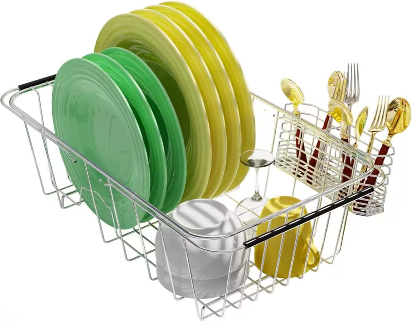 Small Dish Drying Rack in Sink Adjustable 14.96" to 20.59", 304 Stainless Steel Dish Drainer Rack Expandable with Utensil Holder, Rustproof Metal Sink Organizer Shelves Over Sink