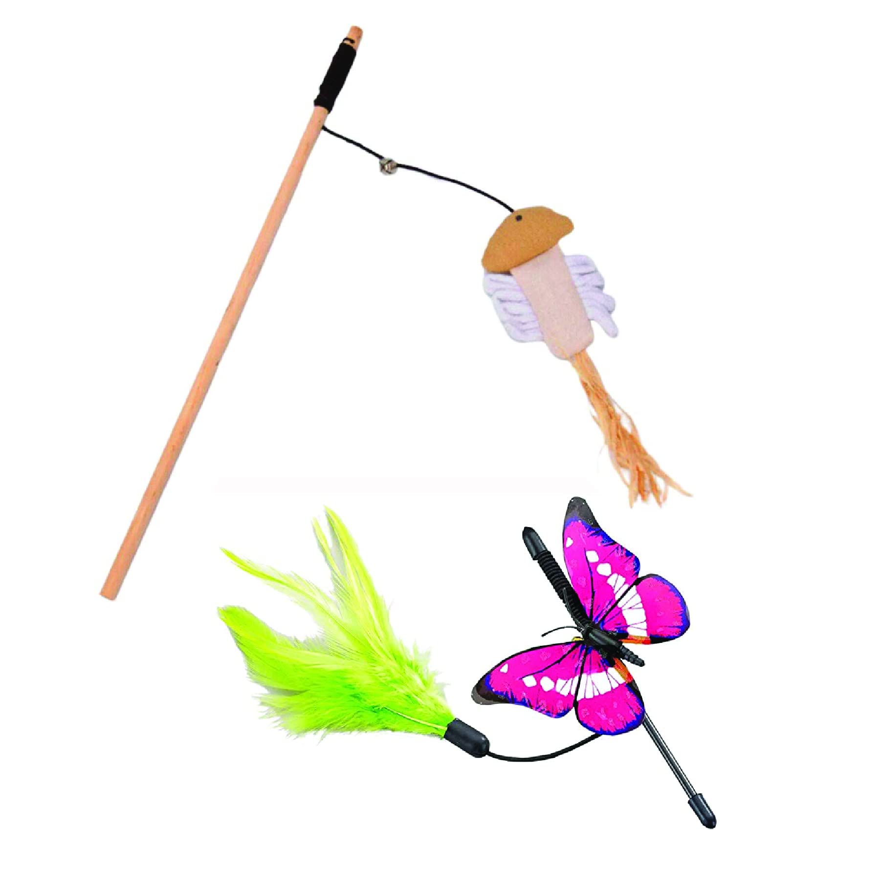 PETS EMPIRE Fluttering Butterfly Mini Teaser Wand, 8" + at Kitten Toy, Bell, Feather, Elastic String and Sturdy Wood Rod (Combo) 2 Pieces