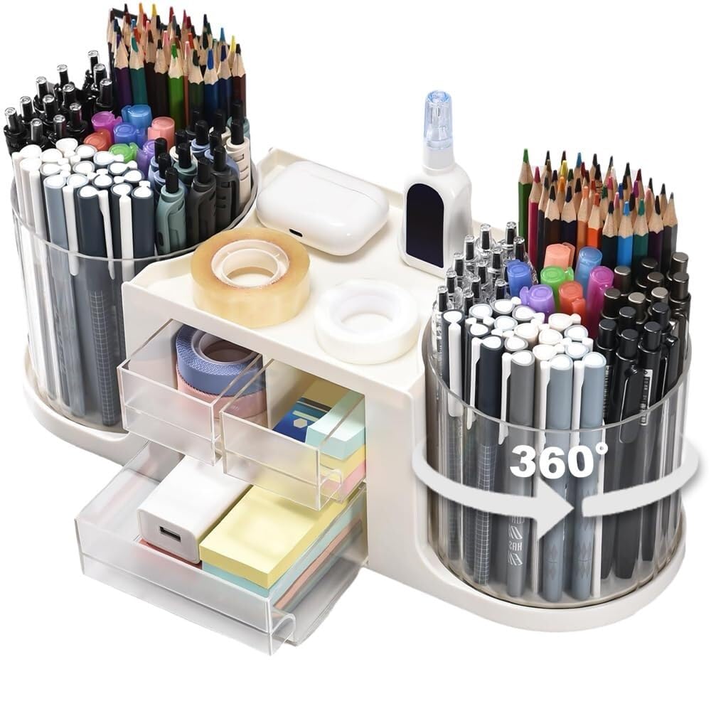 Portapenne Organizer da Scrivania con 2 Portapenne Rotanti, Accessori for Riporre Matite, 3 Cassetti Organizzatore(White)