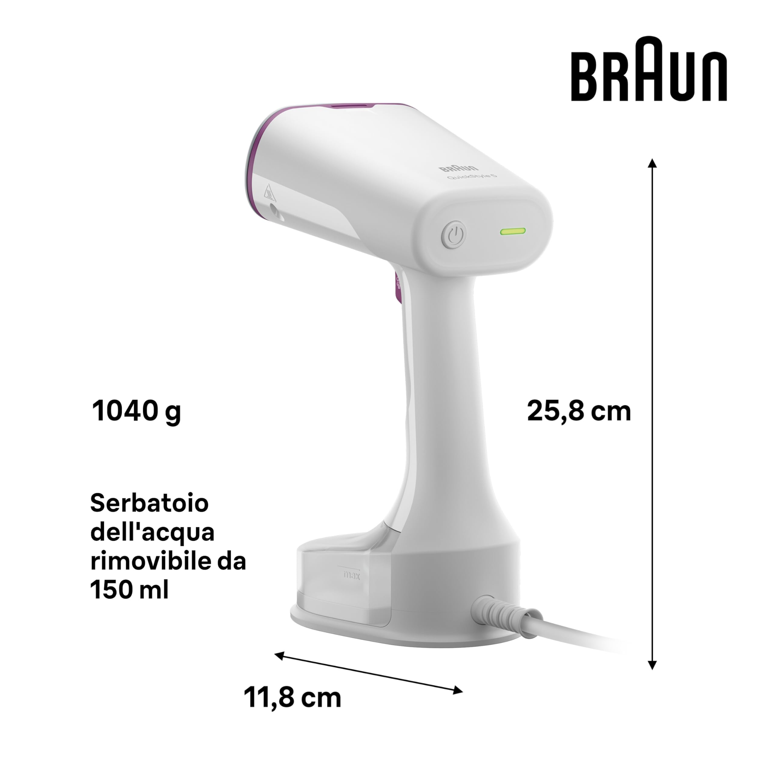 Braun QuickStyle 5 GS5011PU, Stiratore Verticale con la Prima Piastra al Mondo con Tecnologia Dual FreeGlide 3D, Riscaldamento Rapido, Vapore 22 g/min, Capacità Serbatoio 150ml, 1200W, Bianco/Viola