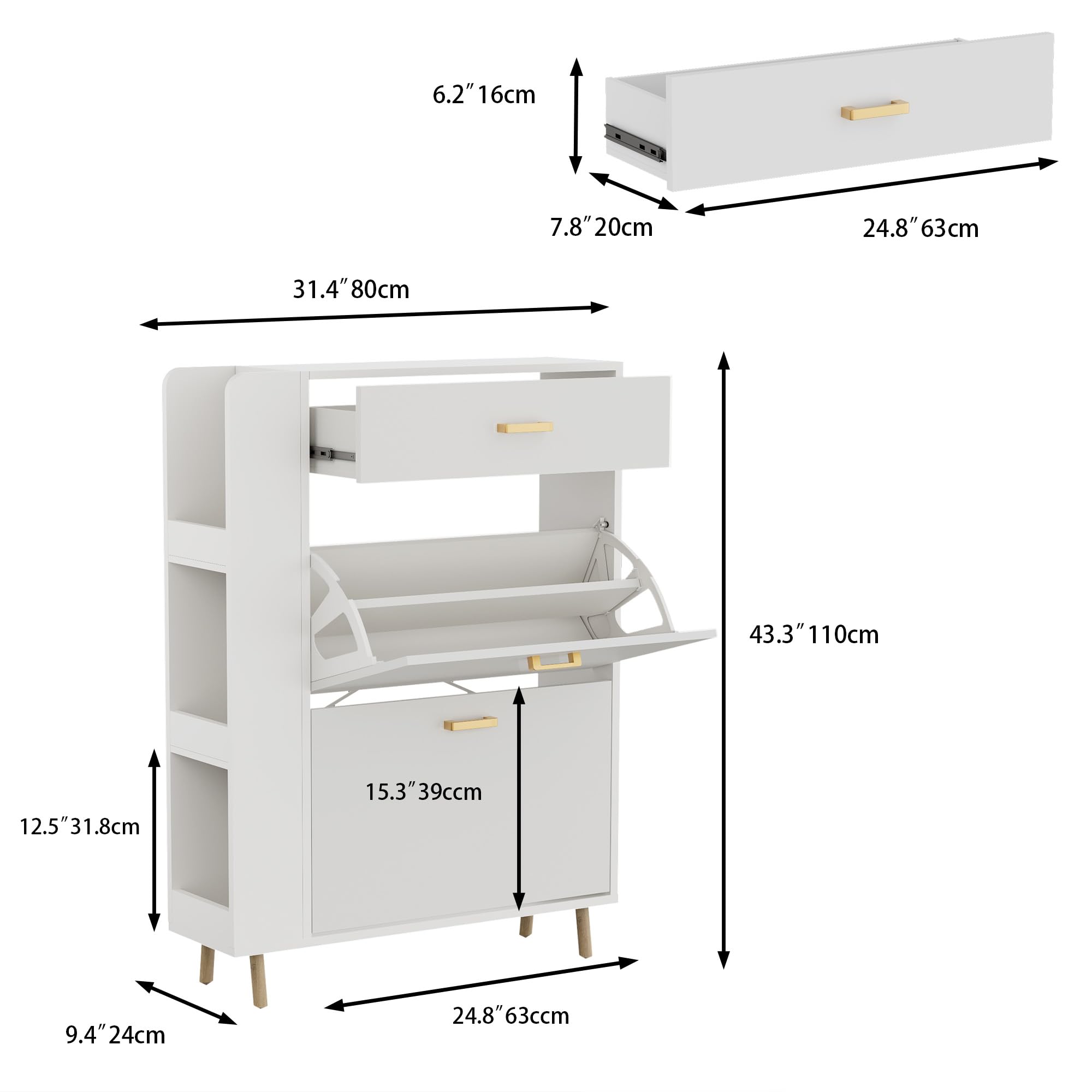 Scarpiera Salvaspazio Slim con 1 cassetto e 3 scomparti Scarpiera a 2 ante con 4 gambe in legno massello Può contenere 12-16 paia di scarpe 80x24x110cm Bianca (EUR≤45)