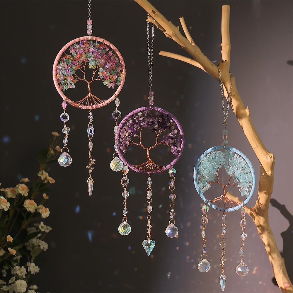 Tree of Life Chakra Crystal Suncatcher 3 Pcs Sun Catcher for Window, Rainbow Maker Sun Catcher with Crystal Prisms Wind Chime Healing Stones Hanging Ornament Handmade Home Decor Gift