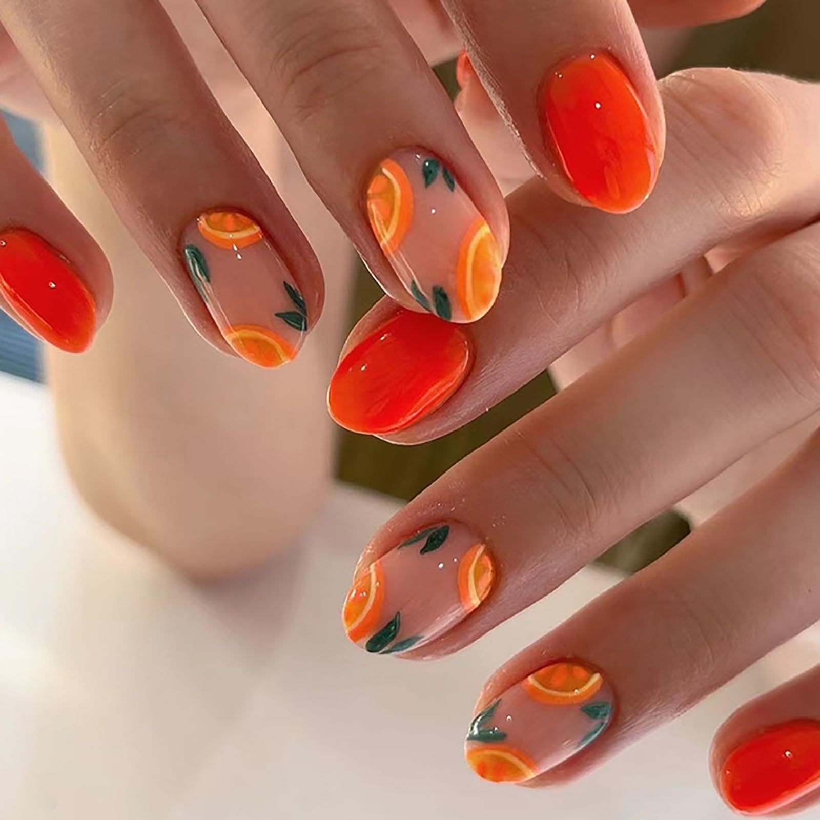 Summer Press on Nails Short Almond MABKJLF Fake Nails Orange Full Cover Lemon False Nails with Designs Glossy Acrylic Press on Nails Glue on Nails