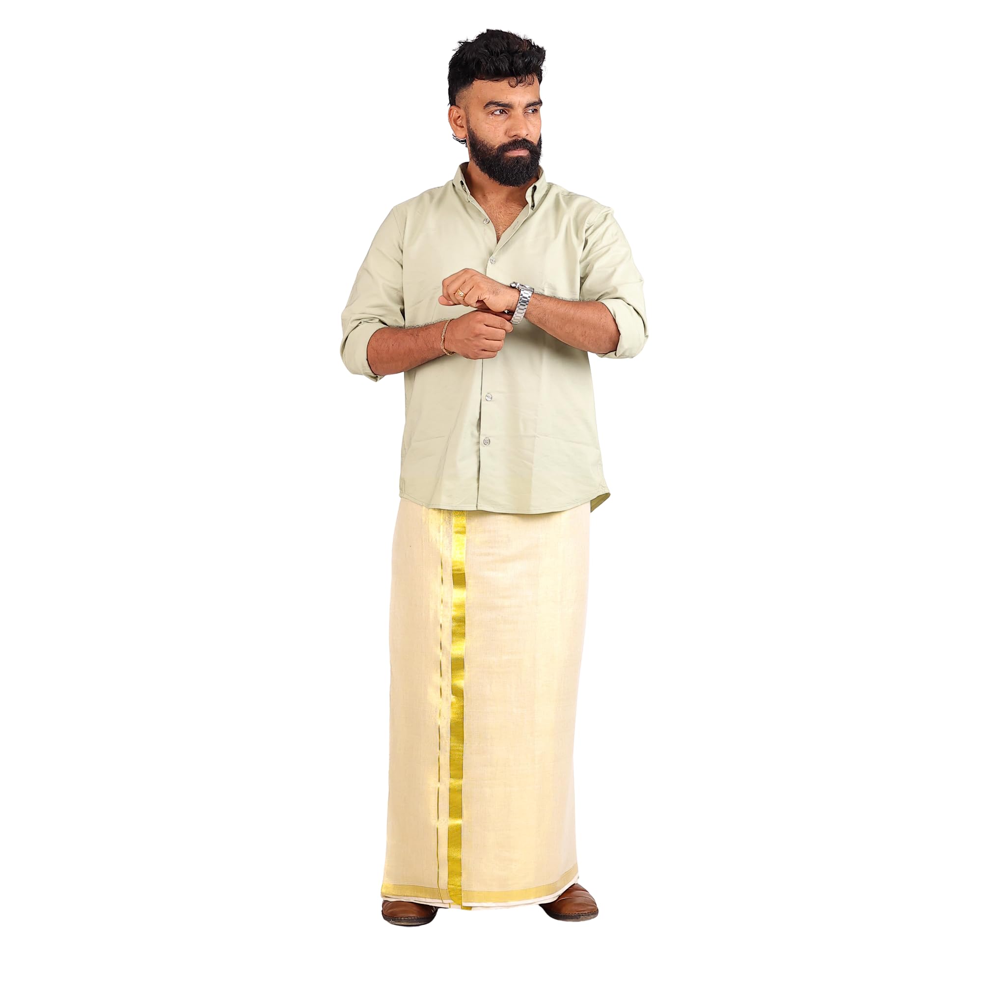 iris posh Men's Kerala Kasavu Mundu | Golden Tissue Border | Off white dhothi | Traditional South Indian Mundu for Men | Onam Vishu and Festive south Indian Celebration Ksavu double set Mundu-picture-16