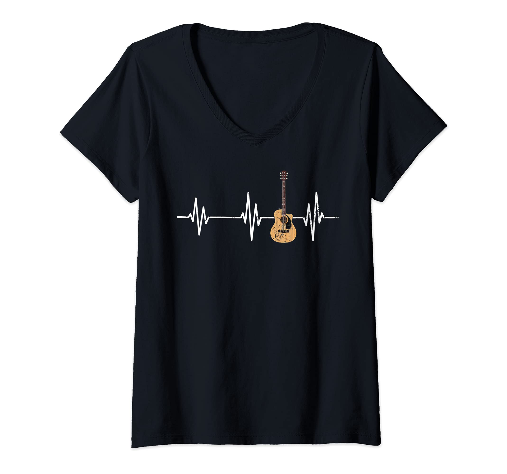 Womens Musical Instrument Guitarist Heartbeat Guitar Player Guitar V-Neck T-Shirt, Black