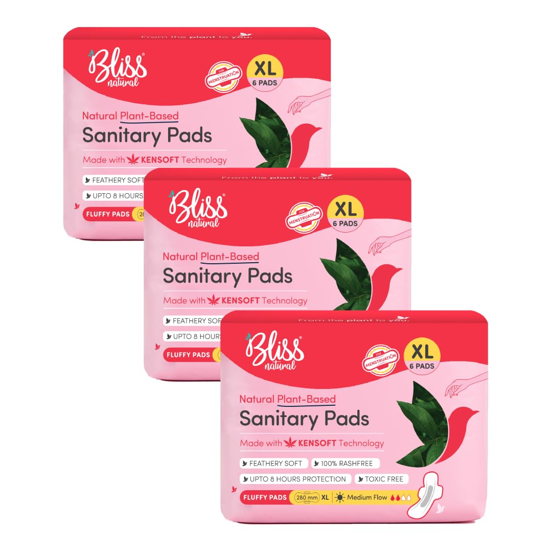 BLISSNATURAL Sanitary Pads For Women (Pack Of 18 Pads) XL Size Sanitary Napkins For Medium Flow | 3x Absorption and Softness Of Feathers Combo Pack of 3