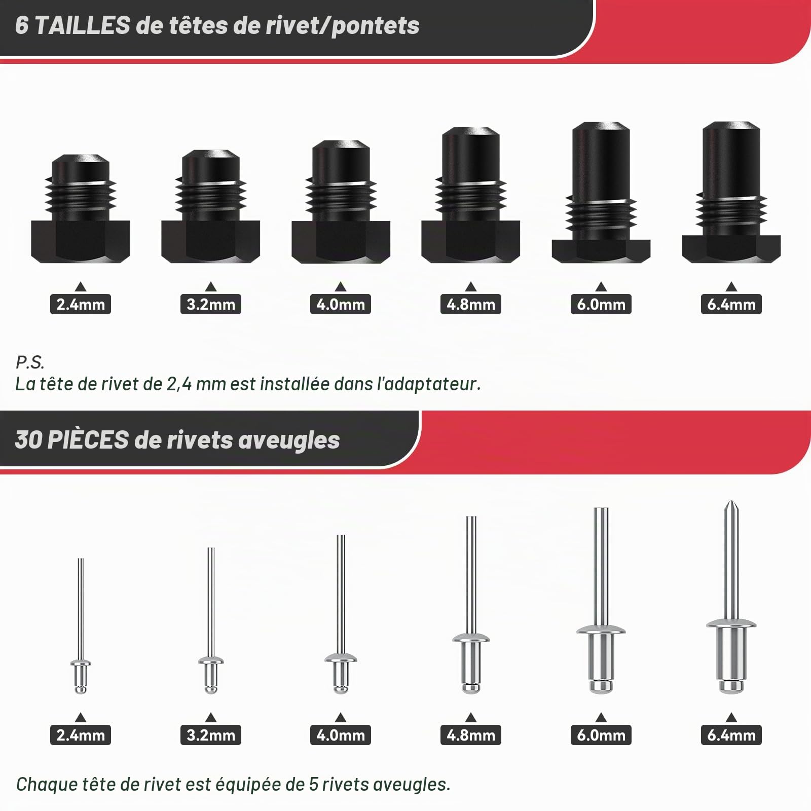 Beaspire Kit d'Adaptateur de Rivet pour Perceuse Électrique, Pince à Riveter Professionnelle Riveteuse, Pince Rivet Aveugle avec 6 Têtes de Rivet, Étui de Transport Robuste