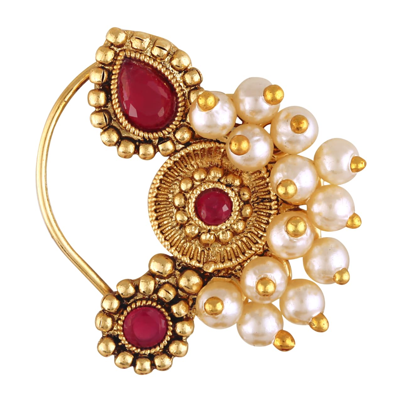 Vivastri's Premium Semicircled Shaped Red Coloured White Pearl Beaded Nath For Womens & Gilrs-VIVA1298NTH-PRESS-RED-picture-28