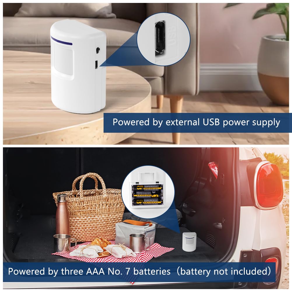AXFEE Detector de Movimiento Interior, con 1 Receptor electrónico y 1 Detector de Sensor de Movimiento PIR 4 Niveles de Volumen, con 38 melodías Alarma de Seguridad, para caravanas, Casas, garajes