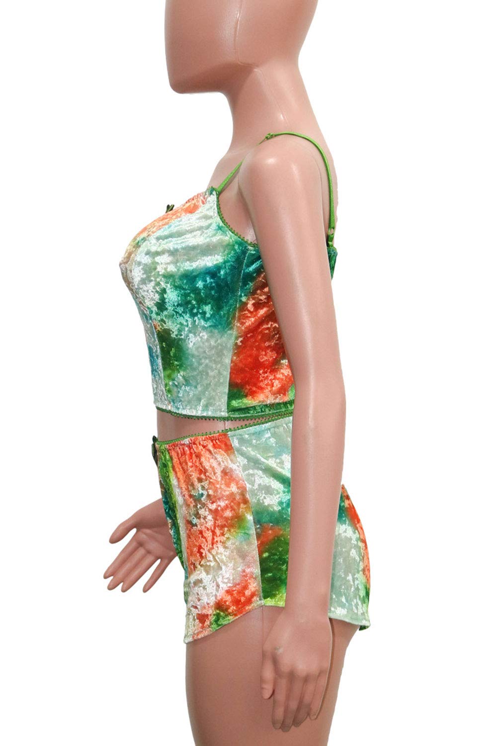 Angsuttc Women's Velvet 2 Piece Outfit Spaghetti Strap Crop Top Shorts Pajamas Set Sleepwear Nightwear: Large S3784#orange&green&white