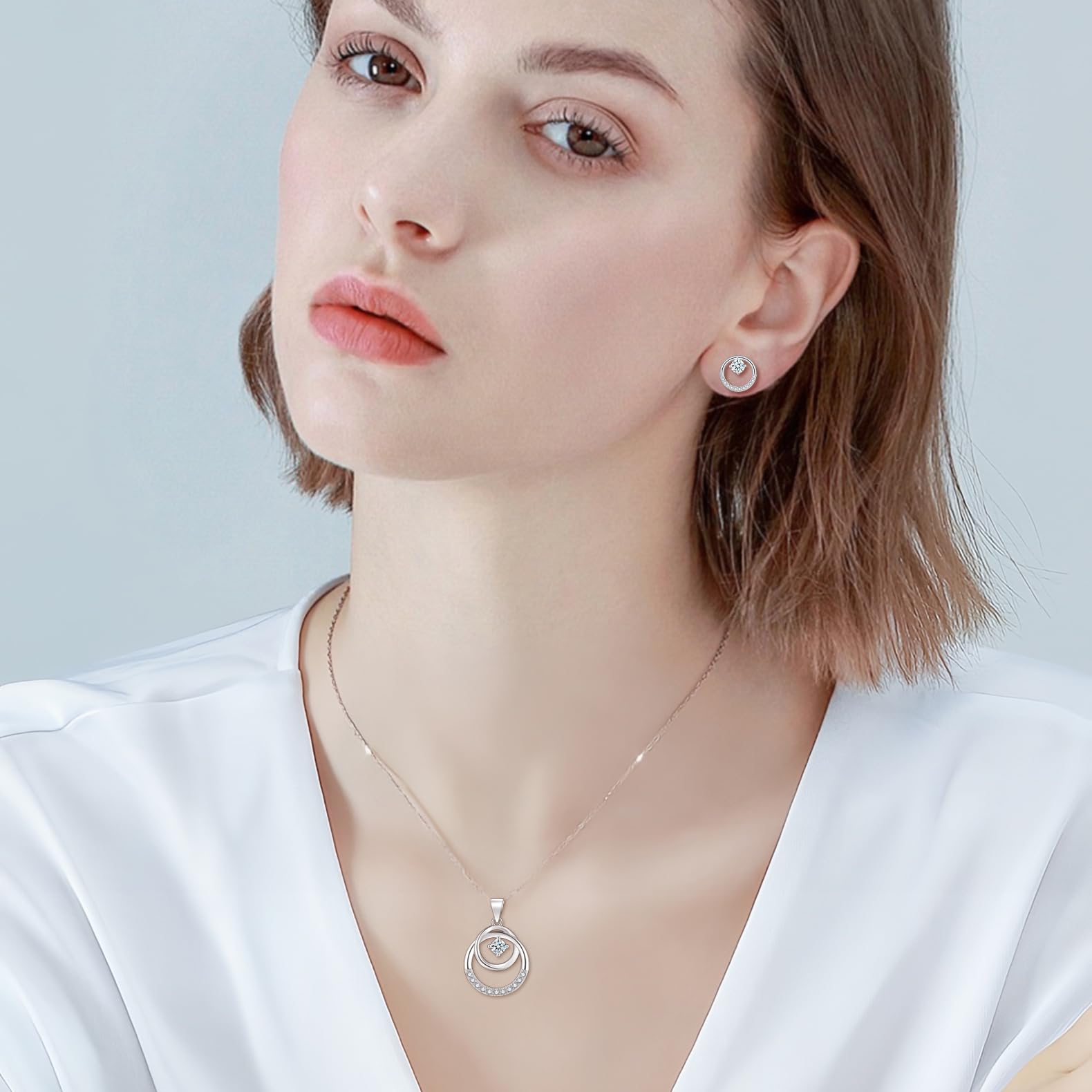 Schmuckset Silber 925 Damen, 925 Sterling Silber Halskette & Ohrstecker Set mit Cubic Zirkonia, 45+5cm Silberkette mit Anhänger, 11mm Silber Damen Ohrstecker, Geburtstag Geschenk für Frauen