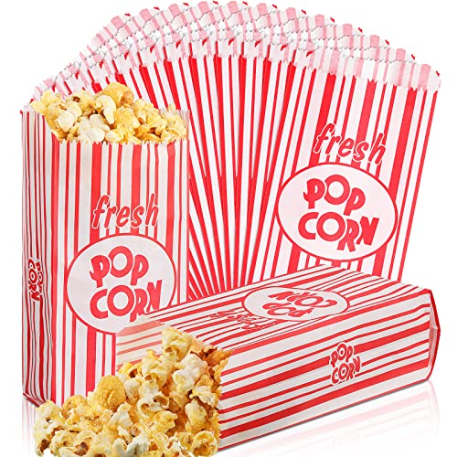 Thenshop 300 bolsas de papel para palomitas de maíz a granel, bolsas de palomitas de maíz de 28.3 g, porciones individuales, mangas de papel, vintage, rayas rojas y blancas, bolsas de maíz para