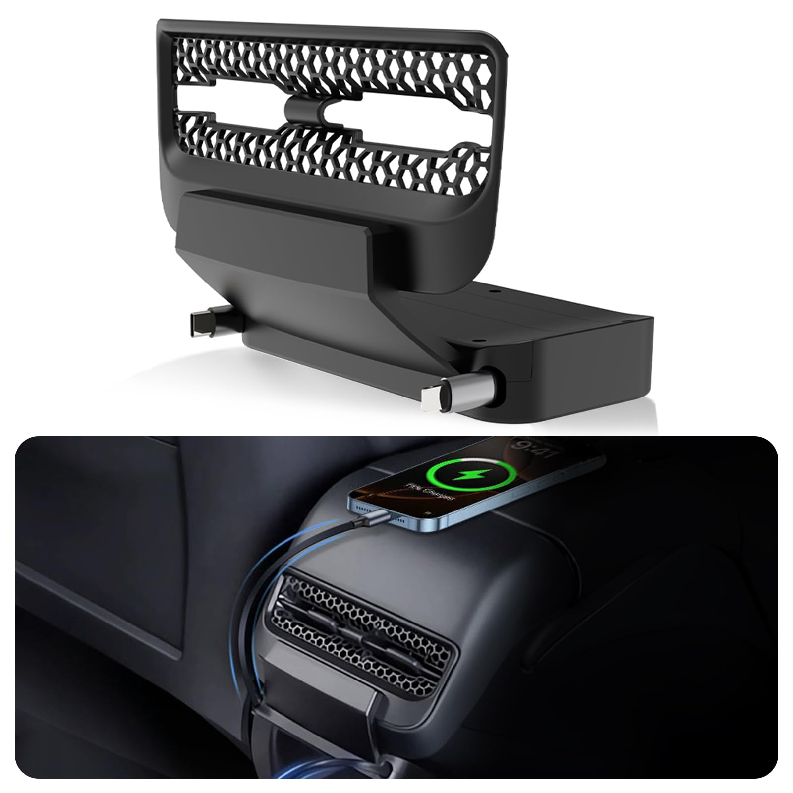 DGXWLLW USB Hub for Tesla Model Y 2020-2024 Model 3 2020-2023 Rear Vent, 54W Multi Port Center Console Fast Charger Rear AC Vent Air Outlet Expansion Cover Docking Station with Retractable Cables