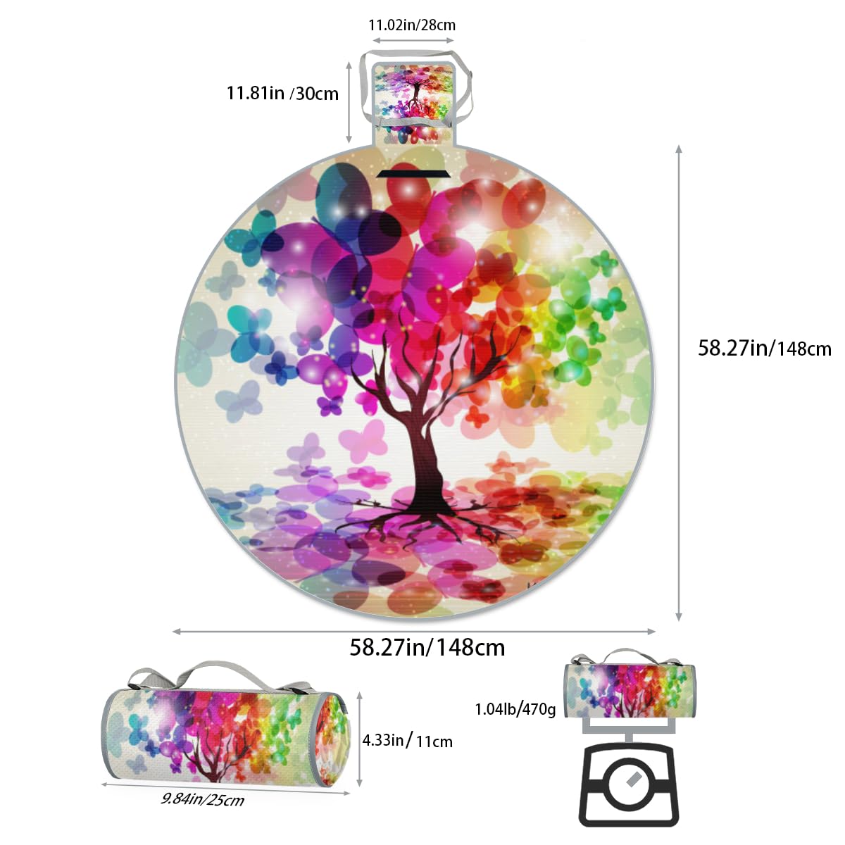 Shimoshe Colorful Butterfly Leaf Tree Picnic Outdoor Blanket Foldable Waterproof Sandproof Beach Blanket Portable Water-Resistant Round Picnic Mat for Travel Camping Park Lawn