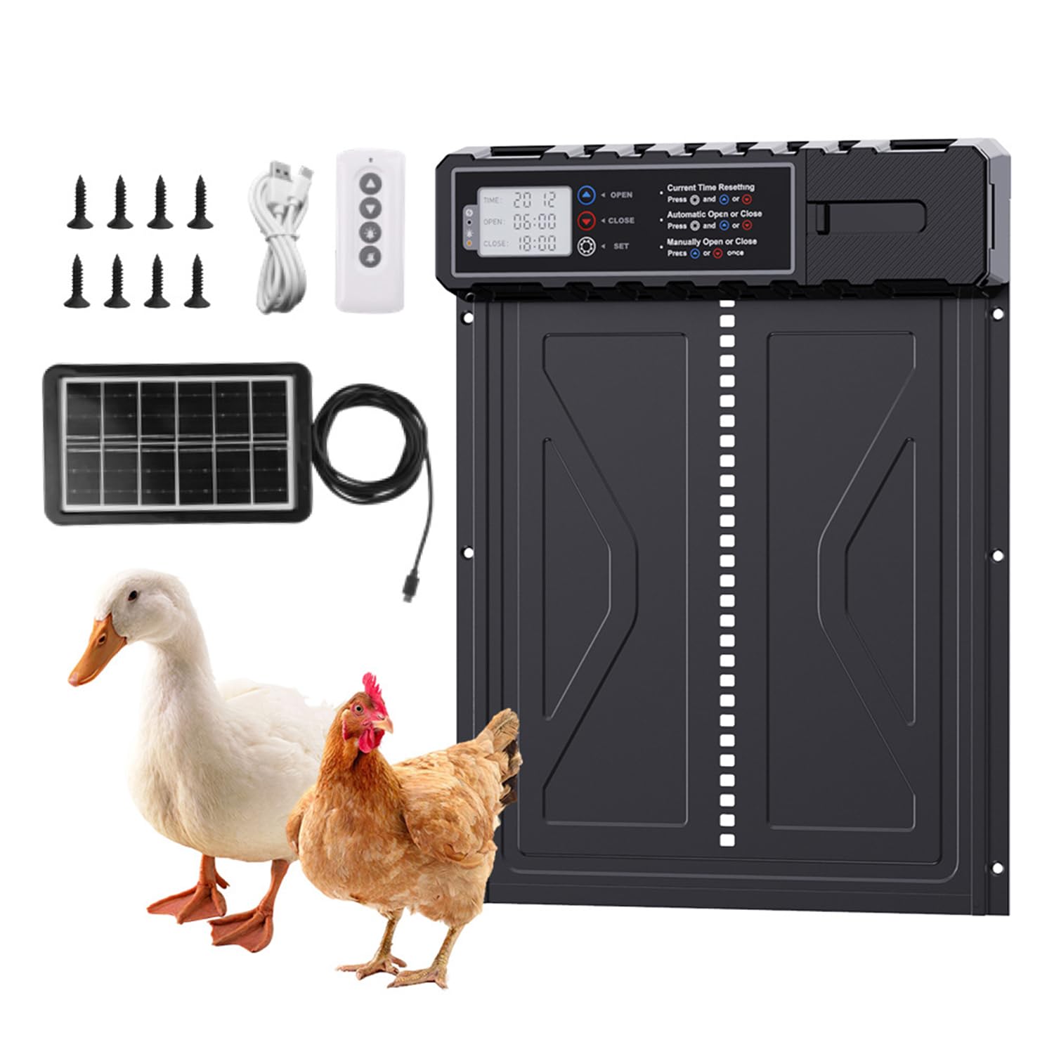 Fiqops Aluminum Automatische Hühnerklappe Solar, Elektrische Hühnerklappe Hühnertür mit Wasserdicht Großes Display, Timer, Intelligenter Einklemmschutz, Schwarz