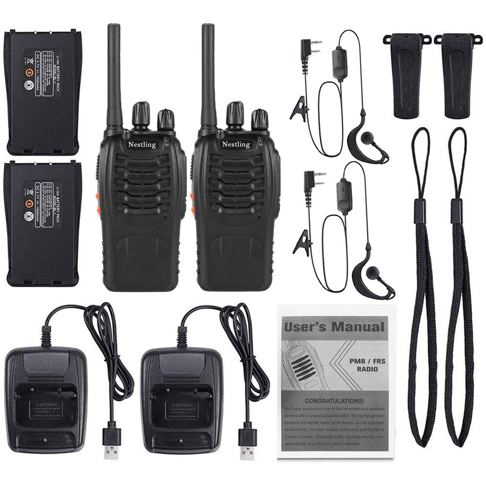 Walkie-talkie ricaricabile, 16 canali PMR446, walkie-talkie professionali CTCSS DCS con portata di 3 km, con auricolare integrato e torcia a LED, 2 paia