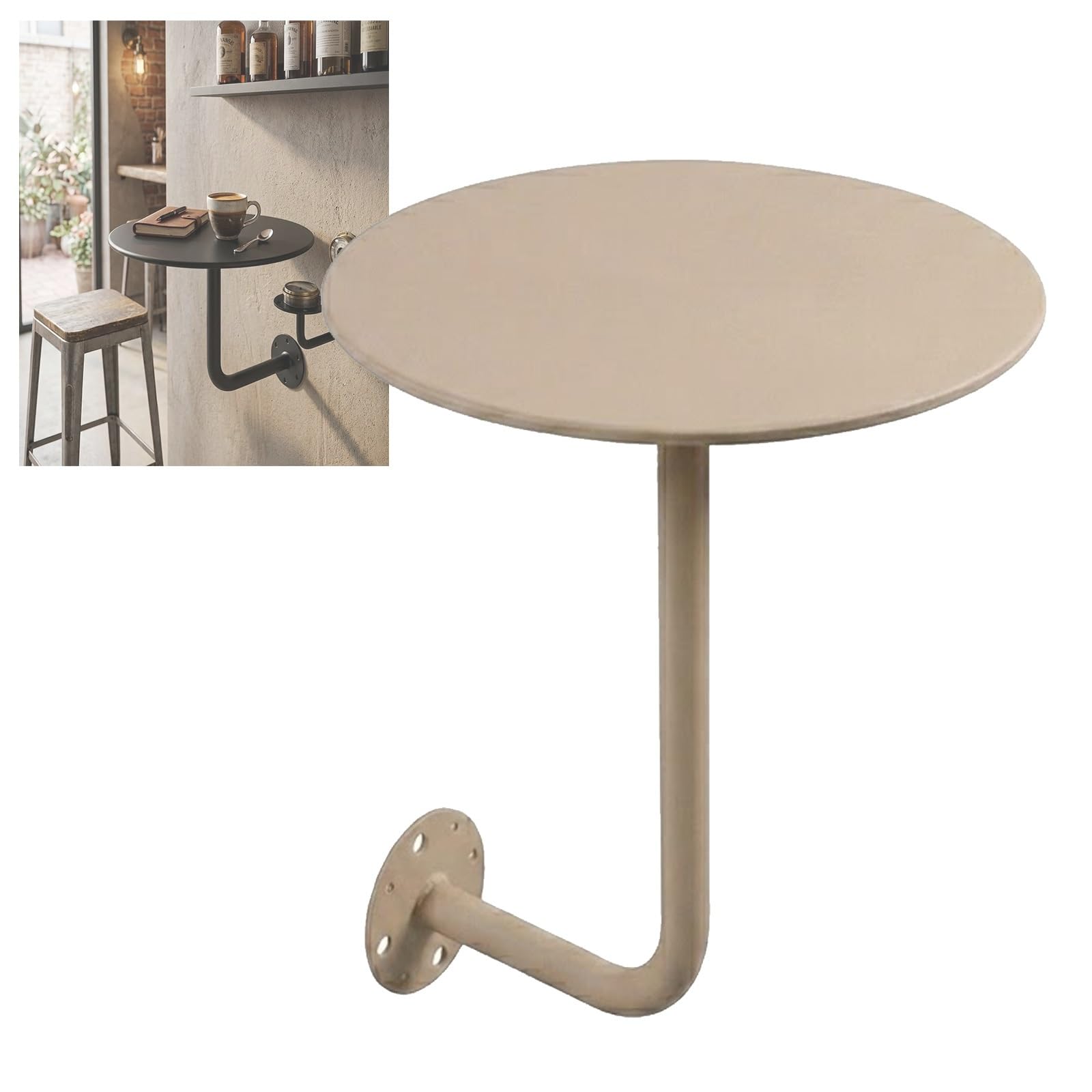 Mesa Flotante de Pared Redonda, Mesa Auxiliar de Hierro para Espacios Pequeños con Soporte en L, 30-50cm Escritorio Compacto de Pared, Mesa de Café y Bar Suspendida, Impermeable(Champagne,50cm)