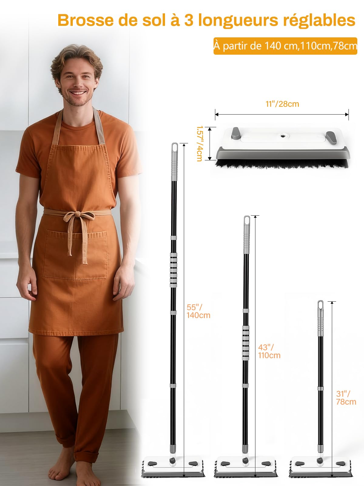Brosse à Récurer Sols 3-en-1 Manche Long de 140 cm Poils Rigides Raclette Brosse à Joints en V Détachable Outil de Nettoyage Professionnel pour Salle de Bain, Carrelage, Terrasse, Béton et Garage