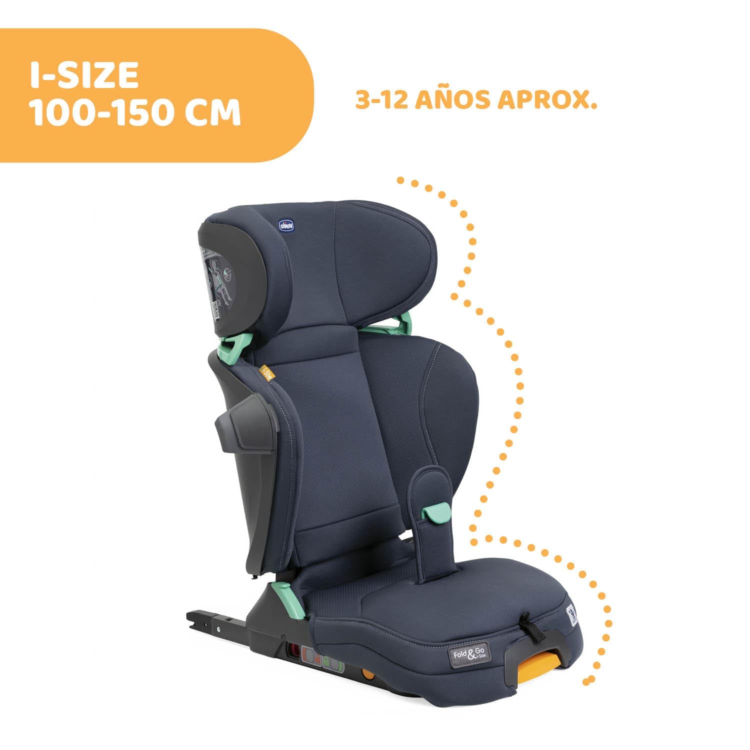 Chicco Fold&Go I-Size Fotelik Dziecięcy 100-150 Cm, Regulowany Fotelik Dla Dzieci W Wieku Ok. 3-12 Lat (Ok. 15-36 Kg), Składany i Przenośny, Z Osłoną Boczną, Regulowana Wysokość i Szerokość, India Ink
