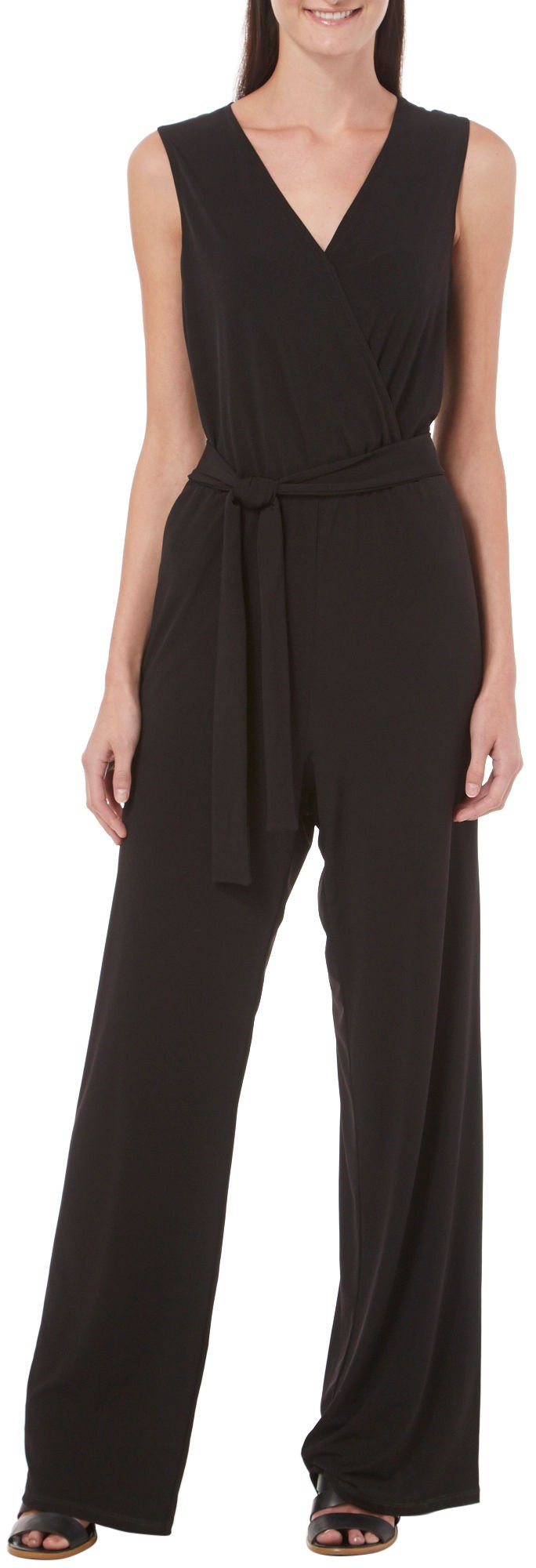 NY Collection Women's Sleeveless Solid Jumpsuit with Sash