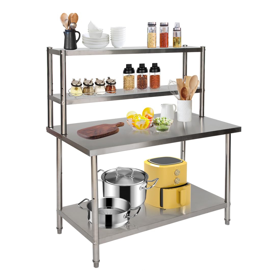Banco da Lavoro Acciaio 120x60x80cm Regolabile 250kg per Cucina | Resistente, Facile Pulizia, Antiruggine, 2 Ripiani, Spazio Inferiore, per Ristorante, Officina, Hotel, Giardino