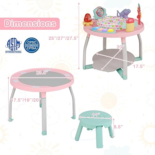 Miniatura 8 de HONEY JOY Centro de actividades para bebés, puente infantil 5 en 1 y mesa de juego de pie con asiento giratorio de 360, 6 juguetes, 3 alturas