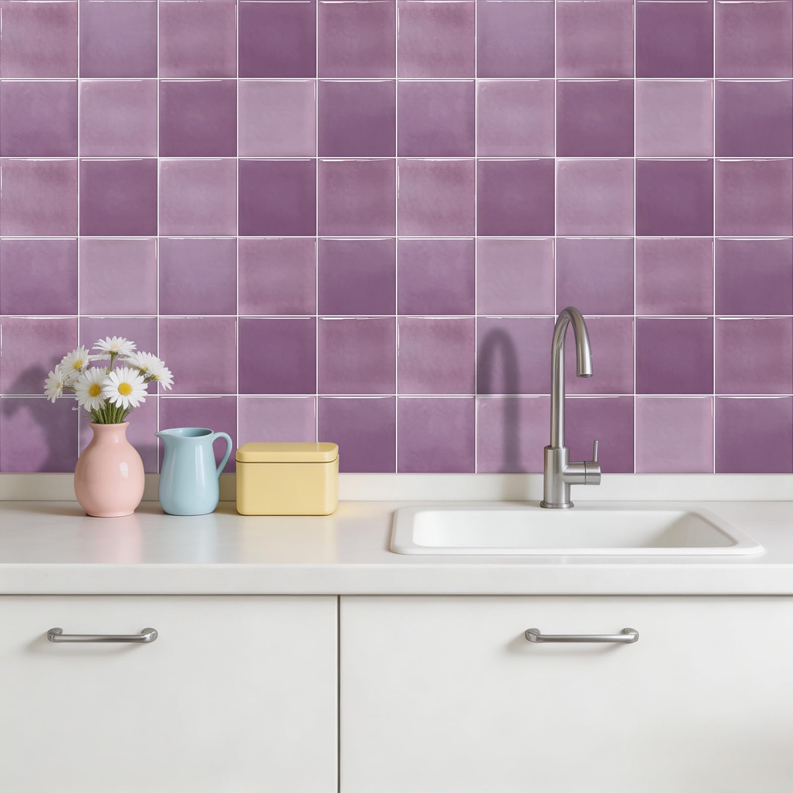 Stick on Tiles Purple Pink Brick Tile Stickers for Bathroom Kitchen Backsplash Waterproof Tile Covers for Fireplace Surround Cabinet Furniture Stick on Kitchen Tiles 10x10 cm/10 pcs