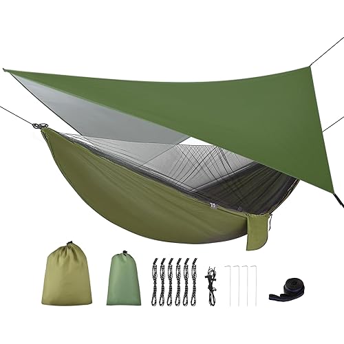 FIRINER Camping Hammock with Mosquito Net & Rainfly Tent Tarp & Tree Straps Portable Large Single & Double Parachute Hammocks Gear for Backpacking Hiking Travel Yard Outdoor Activities