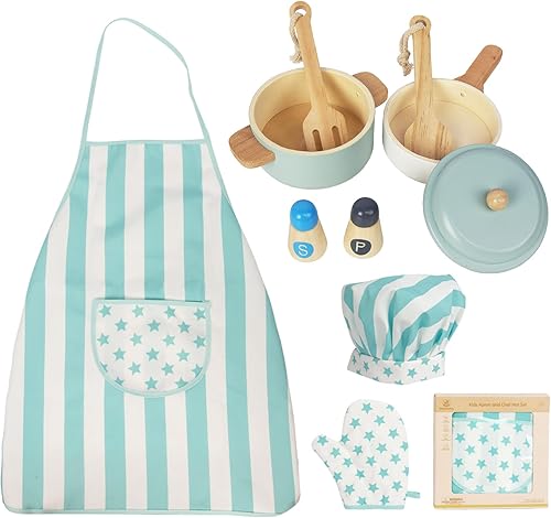Juego de delantal y sombrero de chef y juguetes de cocina para niños, utensilios de cocina de madera, accesorios para juego de cocina de simulación,