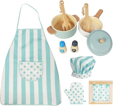 Kid Apron and Chef Hat Set and Toddler Play Kitchen Toys, Wooden Kitchen Utensils, Accessories for Pretend Play Kitchen Set, Montessori Learning Toy, Pretend Cooking Playset