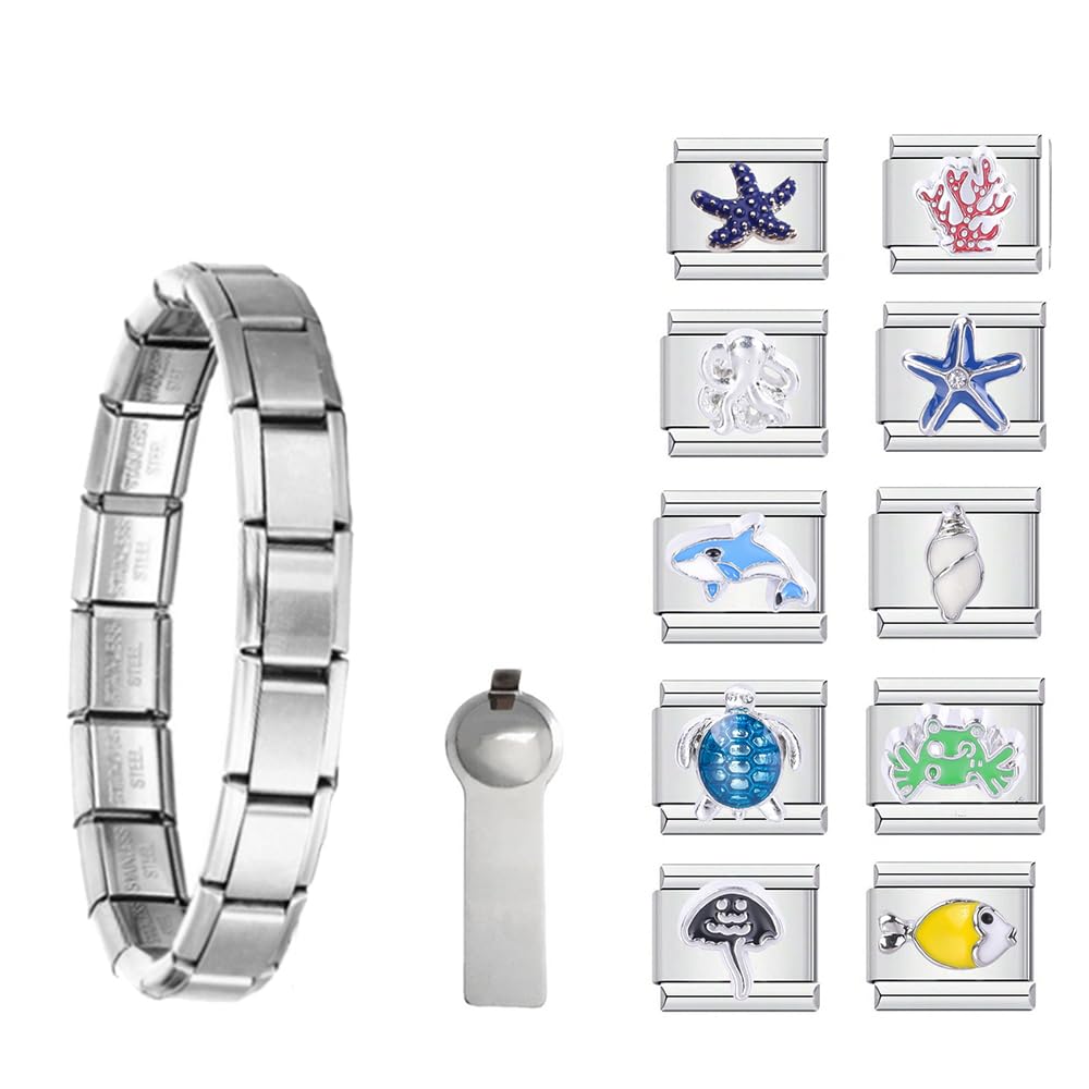 12pcs Handmade Diy Italian Module Stainless Steel Non Tarnish With Starter Flower Sports Ocean Constellation Series Bracelet Italian Style For Women Men Jewelry Gifts
