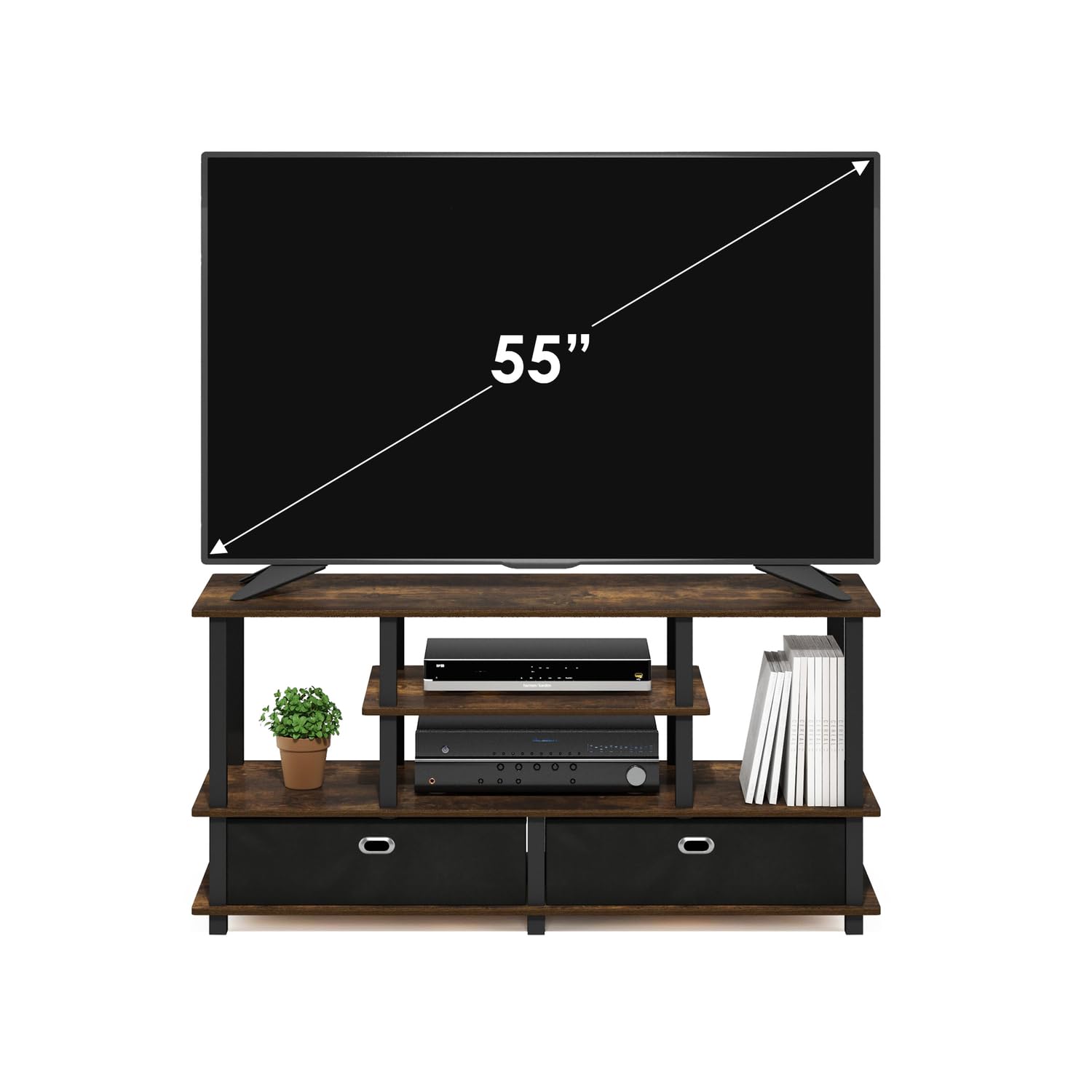 Furinno JAYA Mobile porta TV, centro d’intrattenimento a 4 livelli, consolle TV per TV fino a 55 pollici con 2 contenitori e ripiani aperti, per soggiorno, Pino ambrato