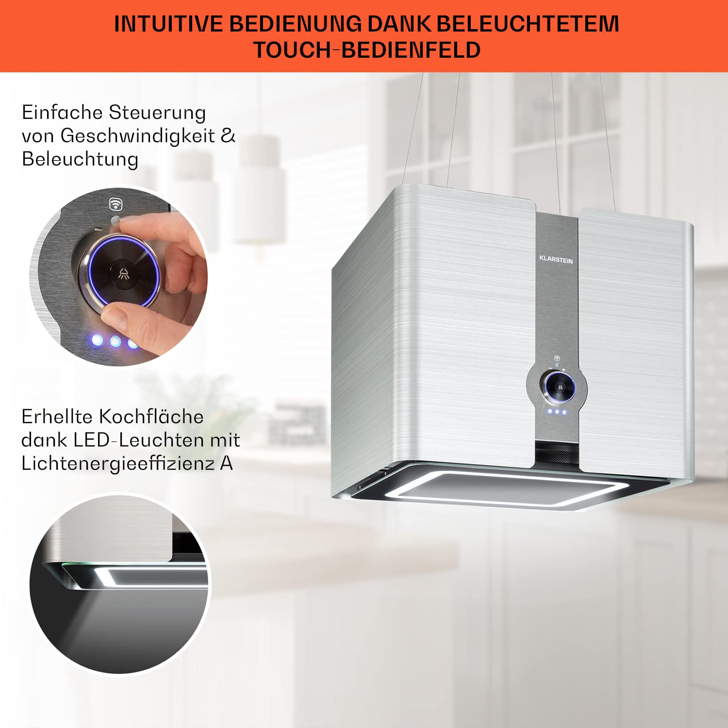 Klarstein Futurelight Smart Dunstabzugshaube freihängend 420m³/h Umluft Inselhaube LED Edelstahl silber
